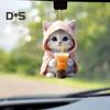 Car Hanging Pendant 2D Kitty In Hoodie Holding Milk Tea Figurine Lightweight School Bag Shoulder Bag Pendant with Beaded Chain Holiday Gift