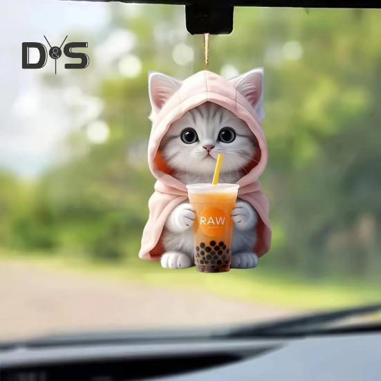 Car Hanging Pendant 2D Kitty In Hoodie Holding Milk Tea Figurine Lightweight School Bag Shoulder Bag Pendant with Beaded Chain Holiday Gift