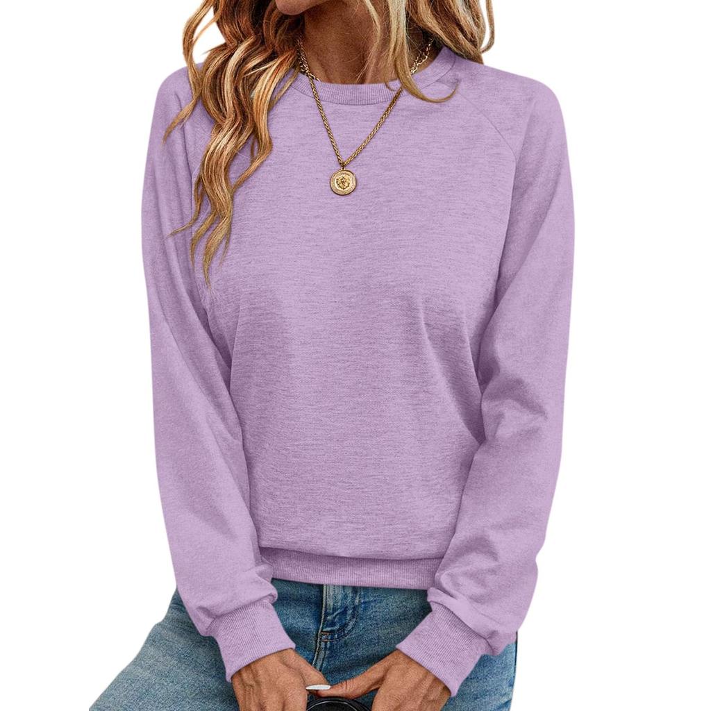 Women's Round Loose Neck Sweatshirt Long Sleeved Pullover Solid Color Hoodie