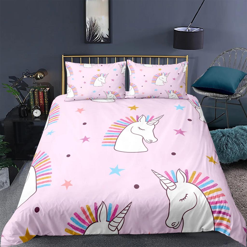 Unicorn Bedding Set King Queen White Pink Unicorn Duvet Cover for Girls Kids Dreamy Cartoon Sparkle Lilac Polyester Quilt Cover