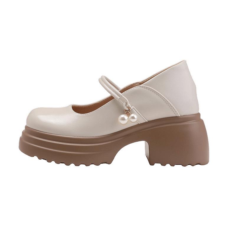 Leather Inner Height Increase 9CM Thick-soled White Mary Pearl Women's Shoes New Thick-soled Thick-heeled Single Shoes