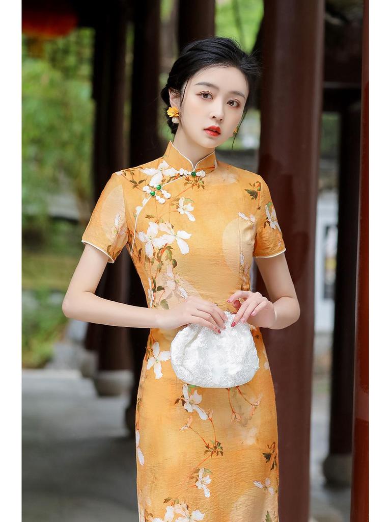 2024 Spring/Summer Elegant Retro Double-Layer Silk & Linen Short-Sleeve Cheongsam Dress