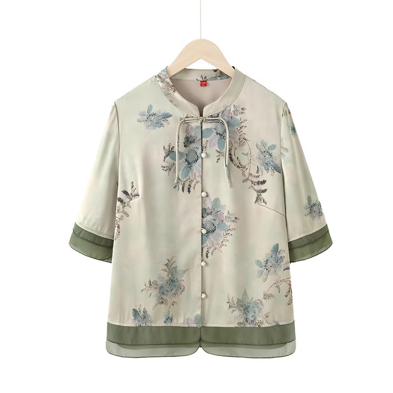 Yuzhaolin Floral Print Stand Collar Summer Top for Mid-Aged Women 5XL