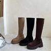 Retro Long Tube Boots Women's Fleece Lined Elastic Knight Boots Autumn Winter New Style over Knee High Boots Rubber Material