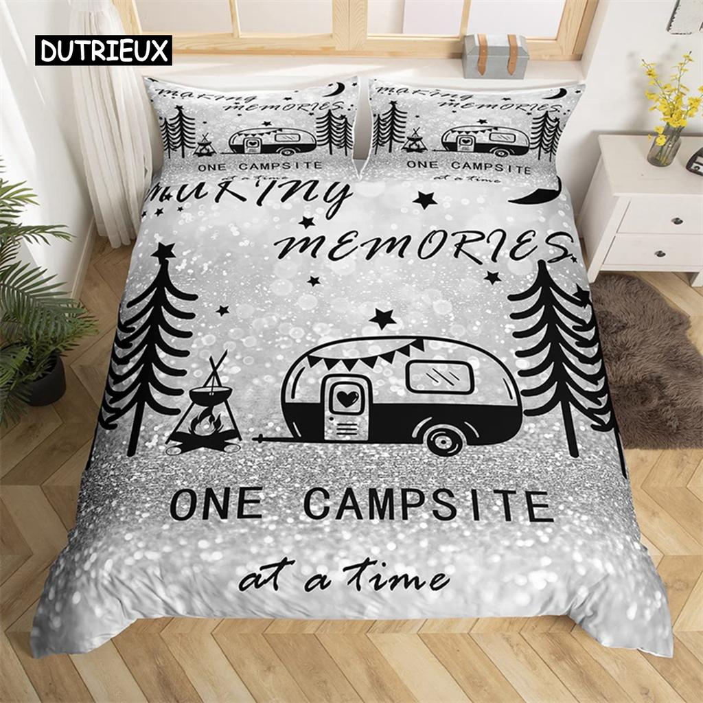 Camping Duvet Cover Microfiber Galaxy Stars Moon Happy Camping Comforter Cover Camper Truck Geometry Mountain Trees Bedding Set