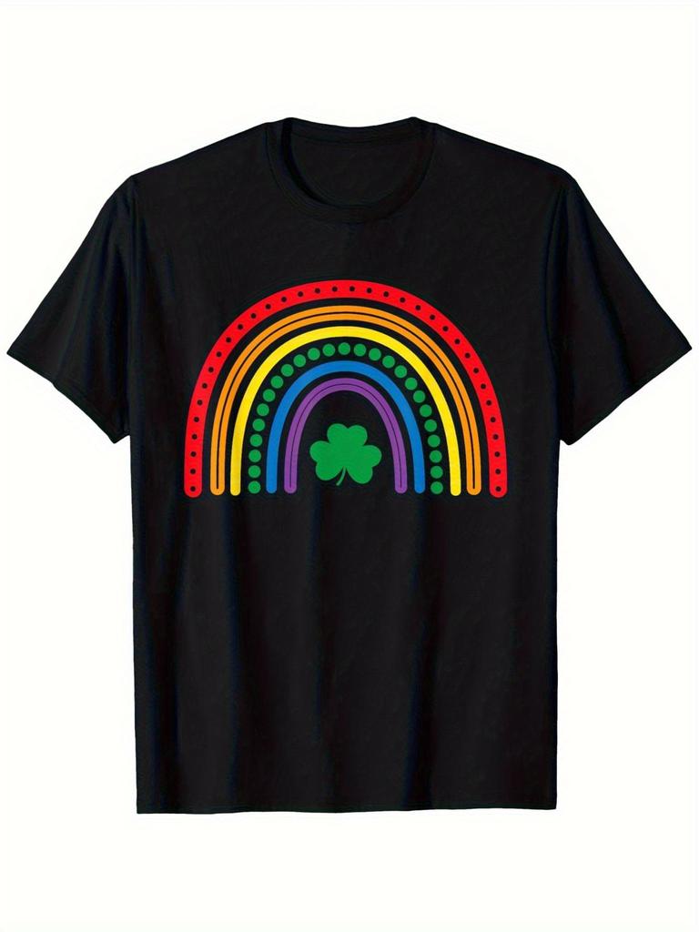 St Patricks Day Rainbow Clover Graphic Cotton T-Shirt Men Casual Short Sleeve Festive Tee