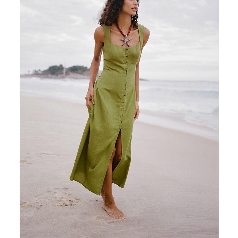 Summer Women's Clothing Decorated Row Button Slit Hemline At Hem Sleeveless Square Collar Linen Blend Midi Skirt Dress 6962029