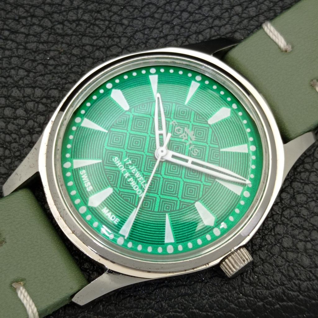 REFURBISHED SWISS VINTAGE HAND-WINDING MENS GREEN COLOR DIAL WATCH A500034-2 R151a-a500034