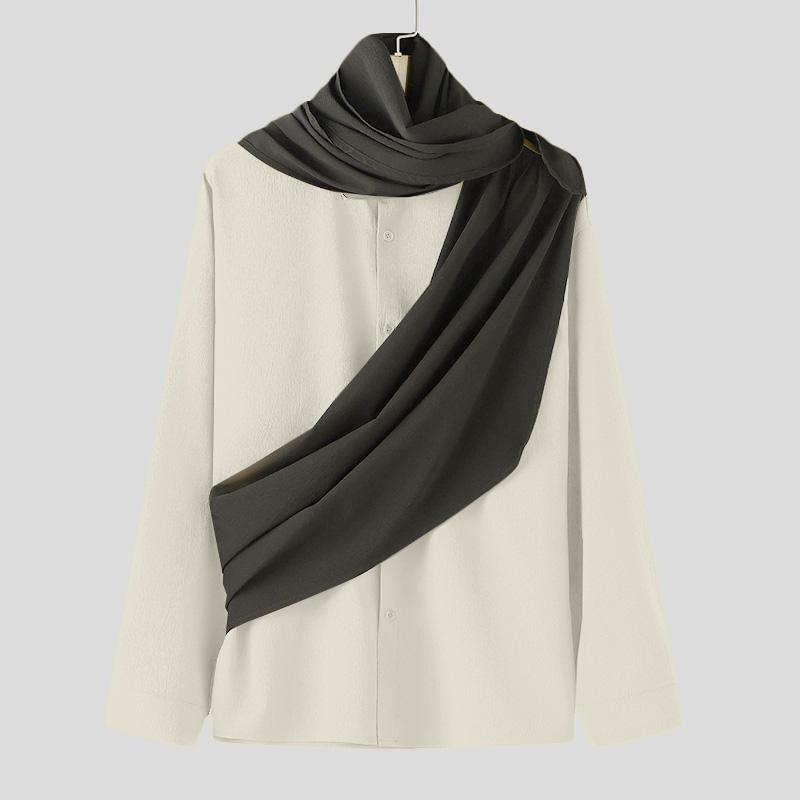 

INCERUN Мужские рубашки с воротником-хомутиком и длинными рукавами спереди, повседневные топы в стиле пэчворк 3XL