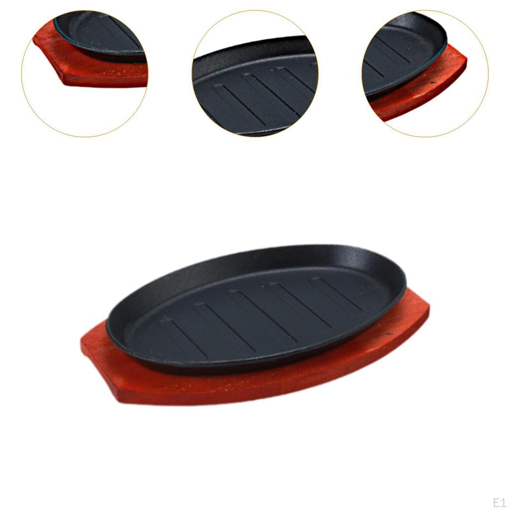 Cast Iron Steak Plate Fajita Pan with Wood Tray Serving Sizzling Dish
