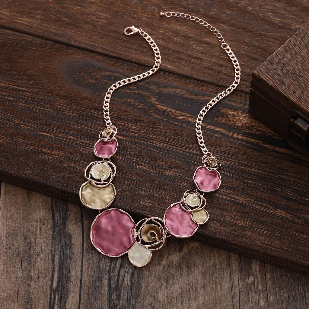 Colored Paint Oil Rose Flower Necklace - Geometric Hollowed-out Rose Flower Ladies' High-end Spring Color Neck Chain