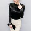 Spring Autumn Women's Ruffles Hotfix Rhinestone T-Shirt Elegant Full Sleeve O-neck Tees Slim Ladies Tops