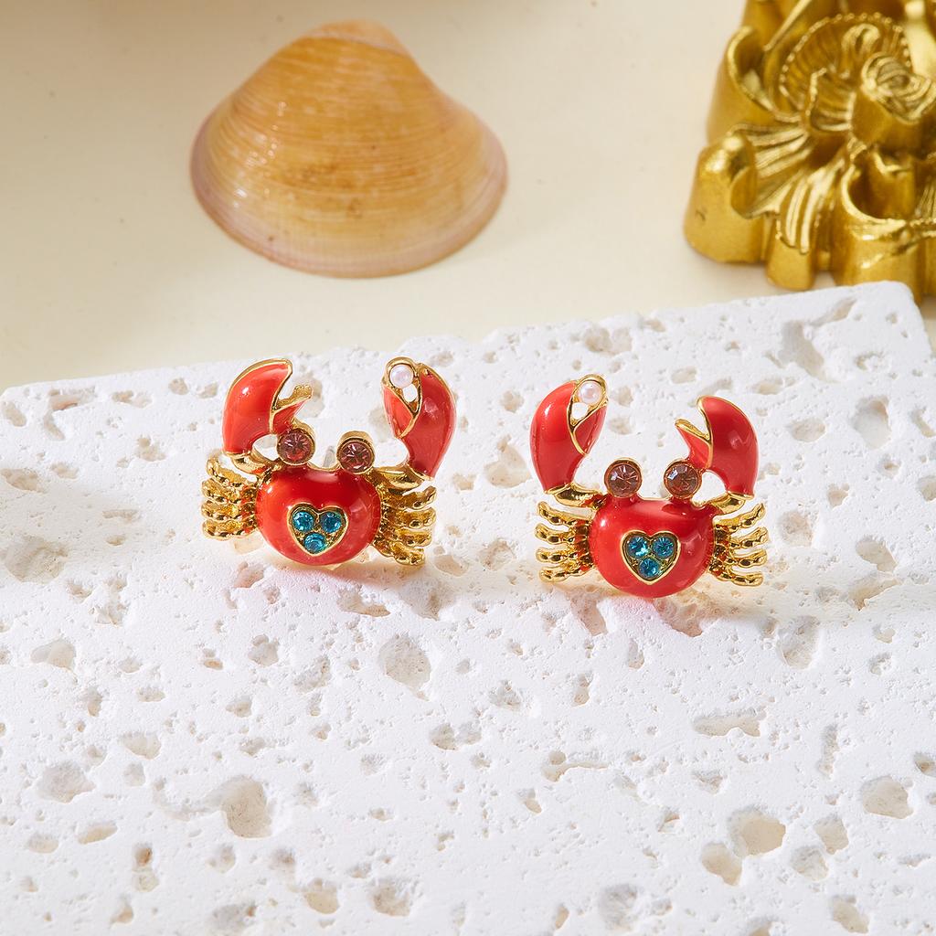 Summer Beach Rhinestone Love Heart Crab Stud Earrings For Women Shiny Zircon Red Crab Pearl Earring Vacation Holiday Jewelry