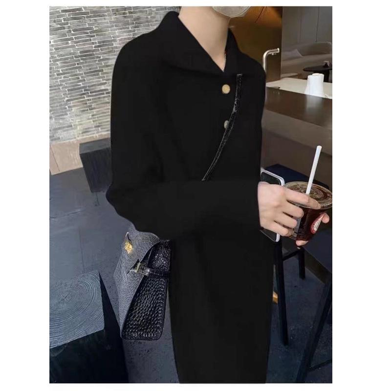 Women's French Knit Lapel Sweater Dress with Coat, Autumn/Winter Style - Loose, Long, Over-the-Knee, Thick Design