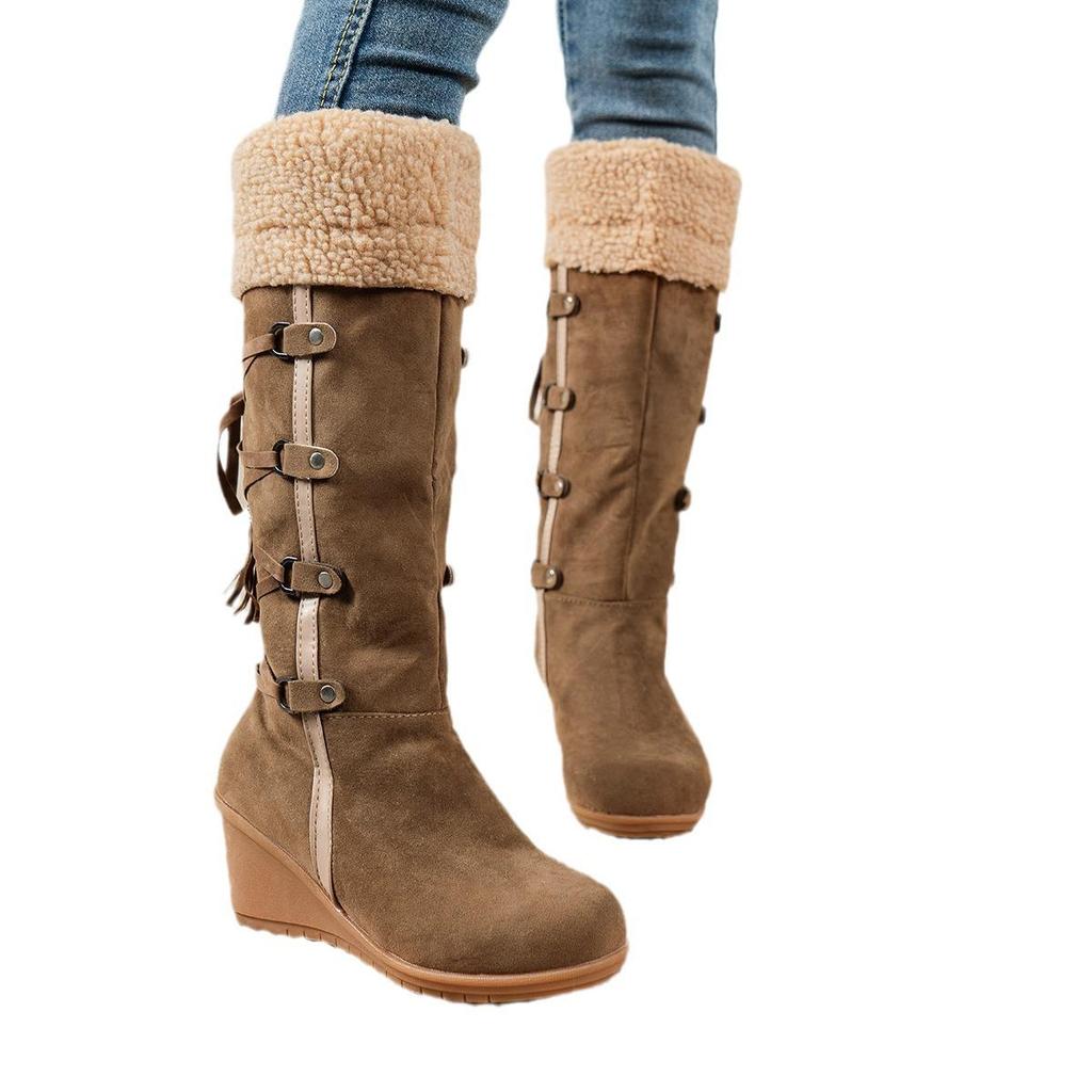 European & American Large Size Women's Tassel Lace-Up Wedge Heel Frosted Cotton Snow Boots