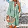 Beach Dress Geometric Print Tassel Women V Neck 3/4 Sleeve Dress for Vacation