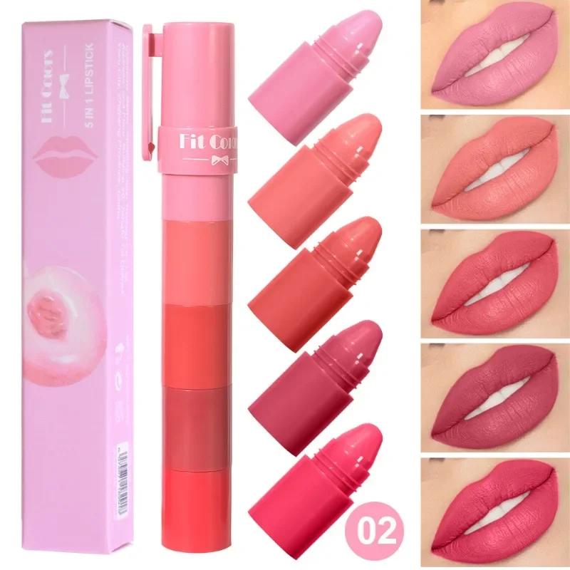 5 In 1 Matte Lipstick Crayon Kit Combo Red Purple Lip Tint Velvet Sexy Multicolour Lipstick Pen Non-stick Cup Lasting Lip Makeup