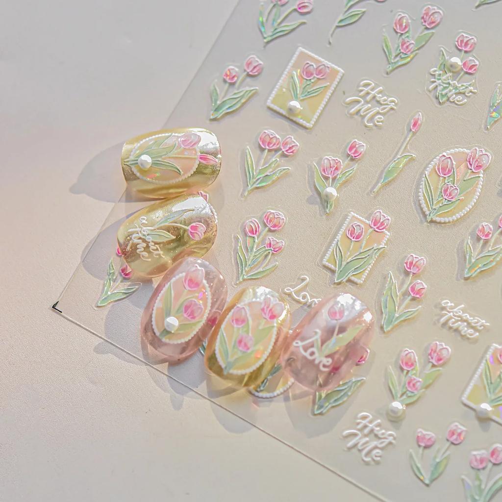 Gold Leaf White Flower Bouquet Floral Petal Tulip Bloom Charming Retro Metal Self Adhesive 5D Nail Art Sticker Manicure Decals