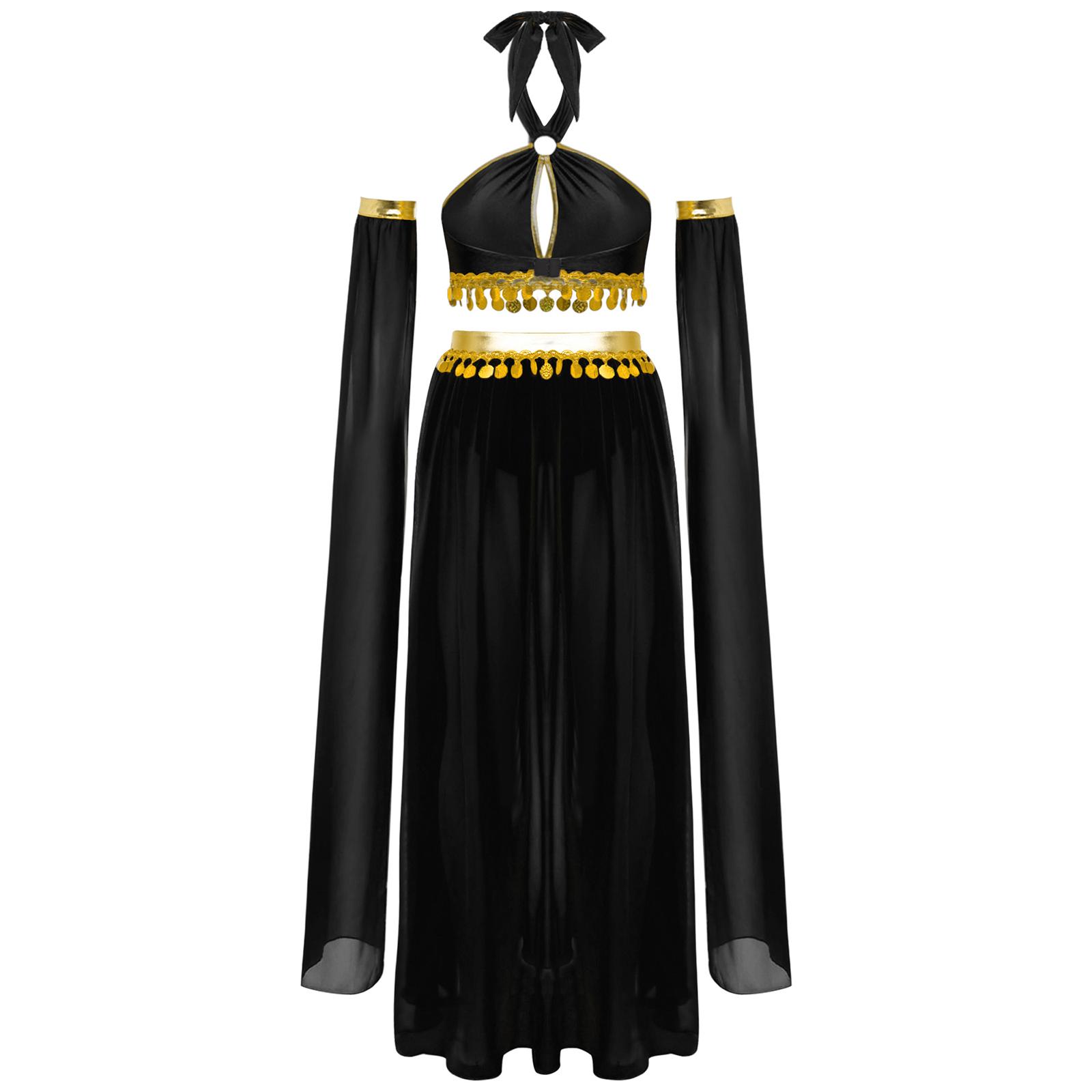 

Womens Belly Dance Outfit Self Tie Halter Keyhole Front Sequins Crop Top Built In Briefs Slit Chiffon Skirt S