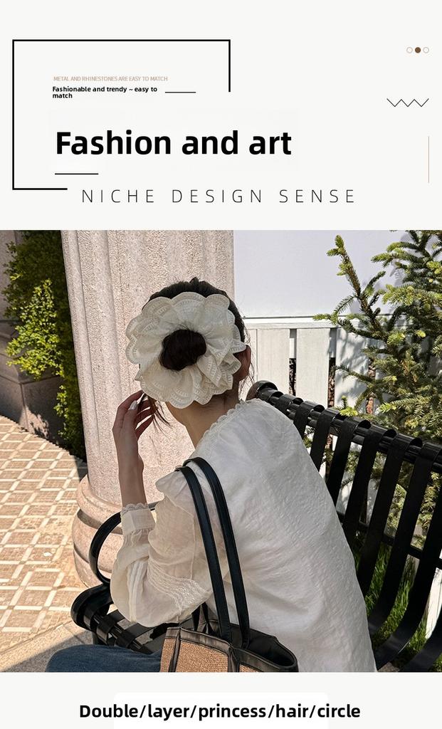 Doppellagiges französisches Spitzenrand-Scrunchie, Große Größe, Süßer Wald-Stil Haargummi für Damen, Elegantes Dutt-Haaraccessoire
