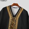 INCERUN Men Deep V Neck 3/4 Sleeve Floral Print Casual Loose Long Robes Tunic Tops