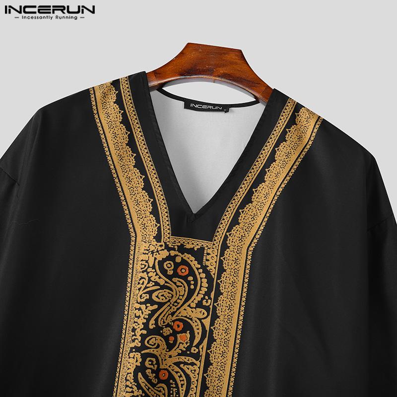 INCERUN Men Deep V Neck 3/4 Sleeve Floral Print Casual Loose Long Robes Tunic Tops