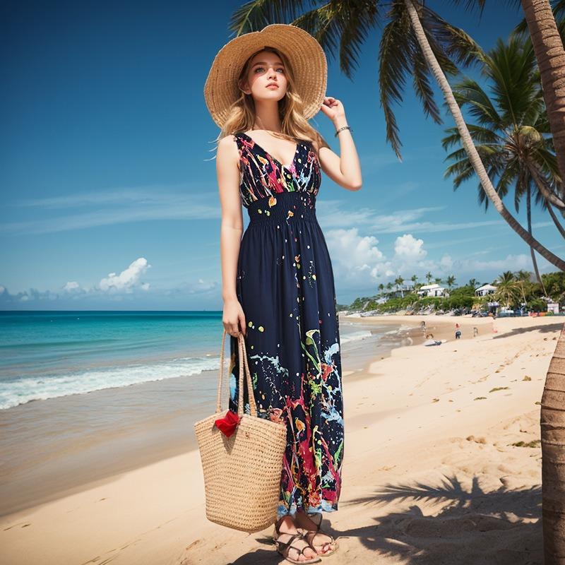 

Платье-халтер с V-образным вырезом и элегантным принтом в этническом стиле. Длинное платье-халтер. XL синий