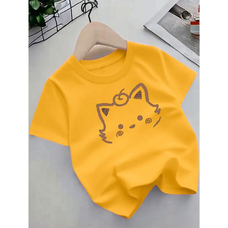 European Sizes Girls' Cute Shiba Inu-like Cat-Ear T-Shirt - Summer Short Sleeve Round Neck Top with Smiling Puppy-like Face Print
