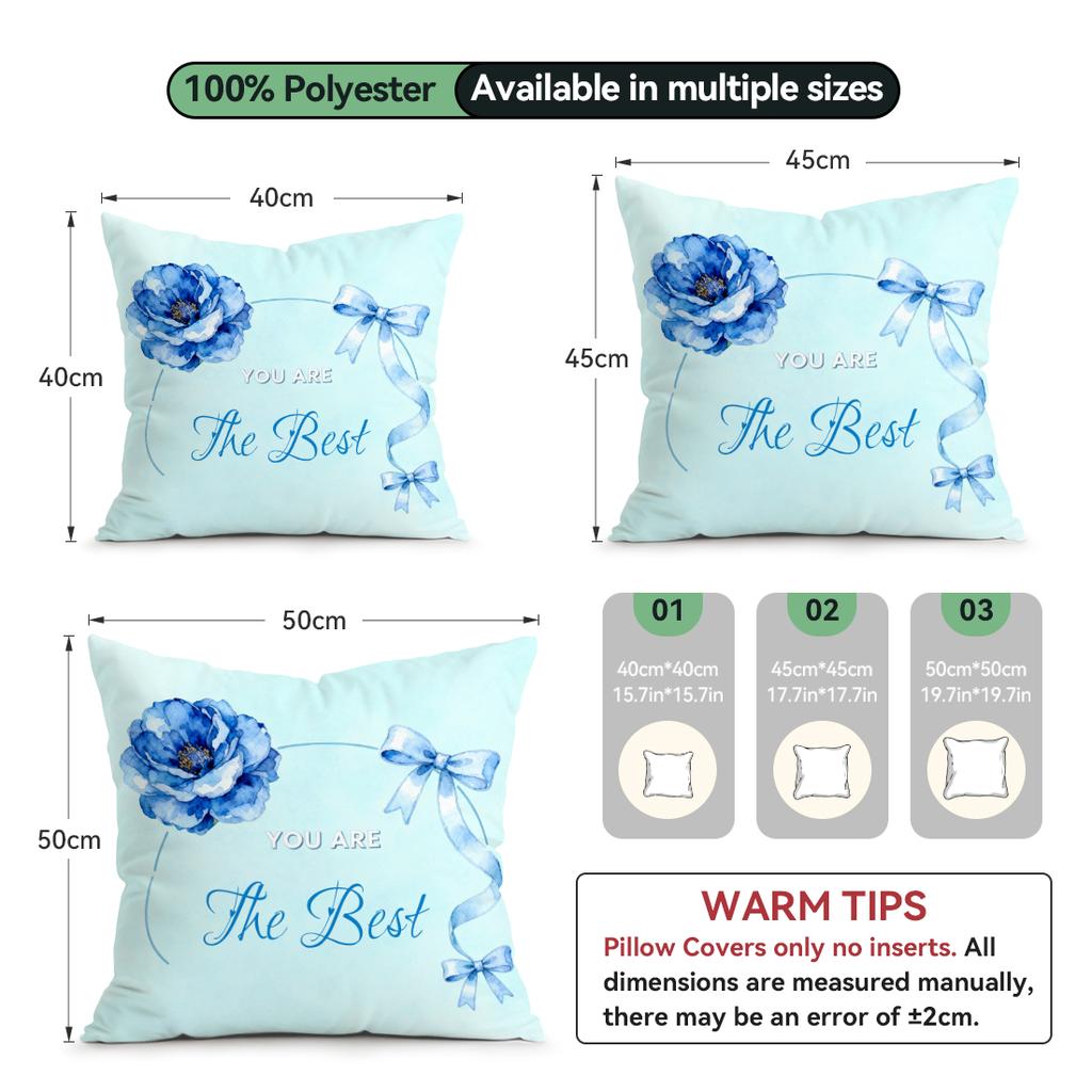 4 Pcs Blue Bow Text Single-Sided Printed Pillowcase Cushion Cover,Suitable For Living Room,Bedroom,Car Decoration