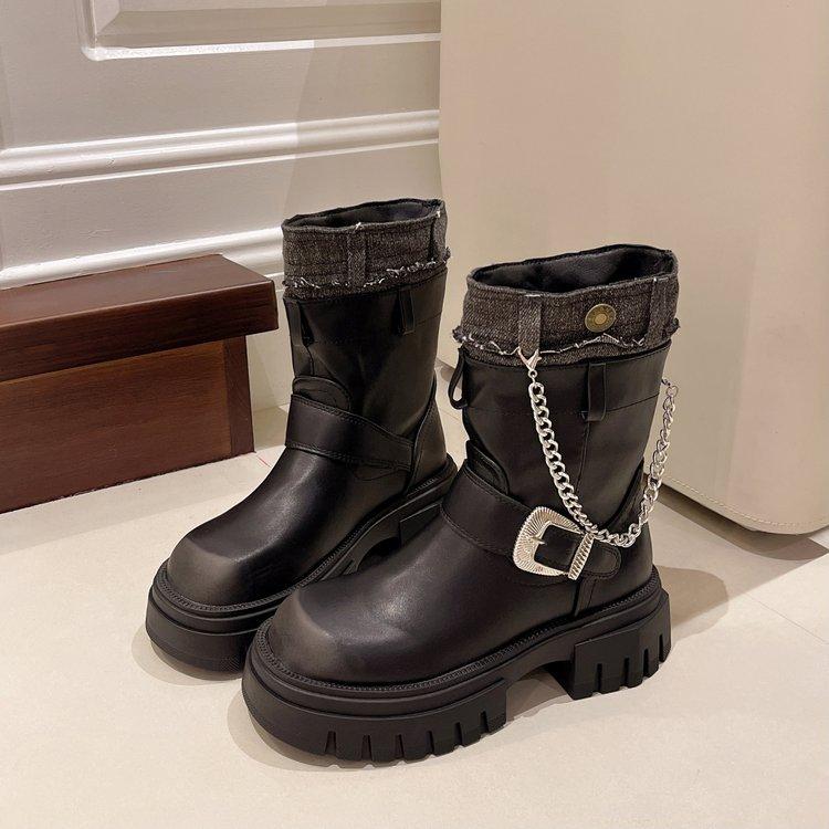 Plateau-Stiefel Damen neue Herbst- und Winterstiefel im britischen Stil mit dickem Absatz Ritter-Stiefeletten schlanke Westernstiefel C1075