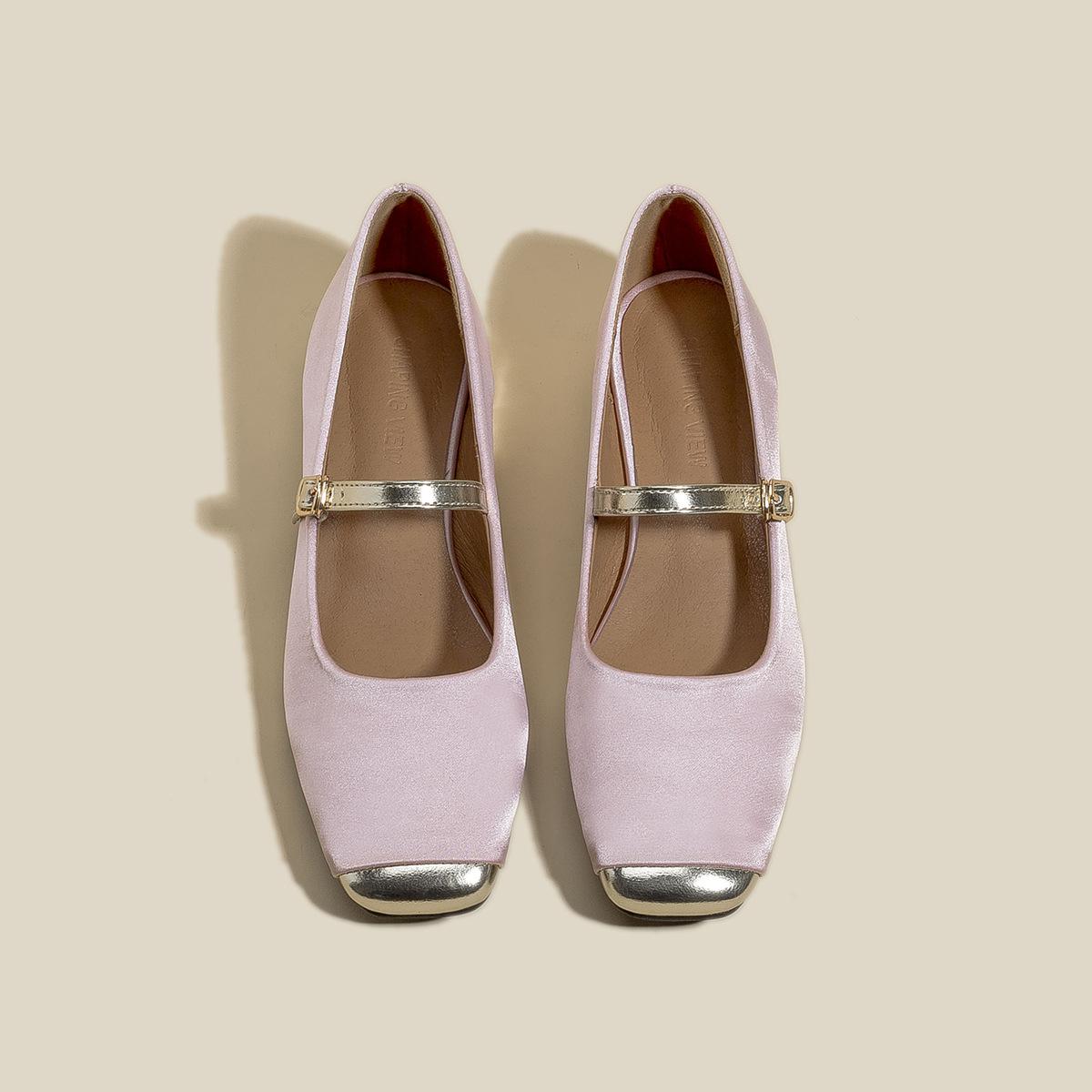 

Xiaoxiangfeng pink square head thick heel single shoes spring and summer 2025 new satin Mary Jane shoes low heel shoes children 35 розовый