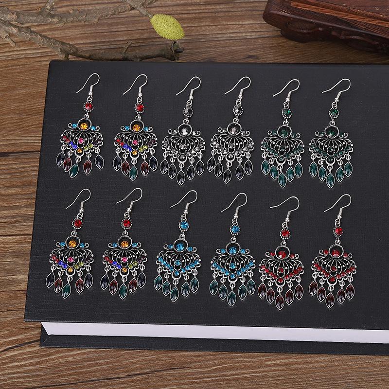 Ethnic Boho Vintage Drop Earrings For Women Geometric Hollow Crystal Blue Red Green Black Dangle Bohemian Wedding Earings Bijoux