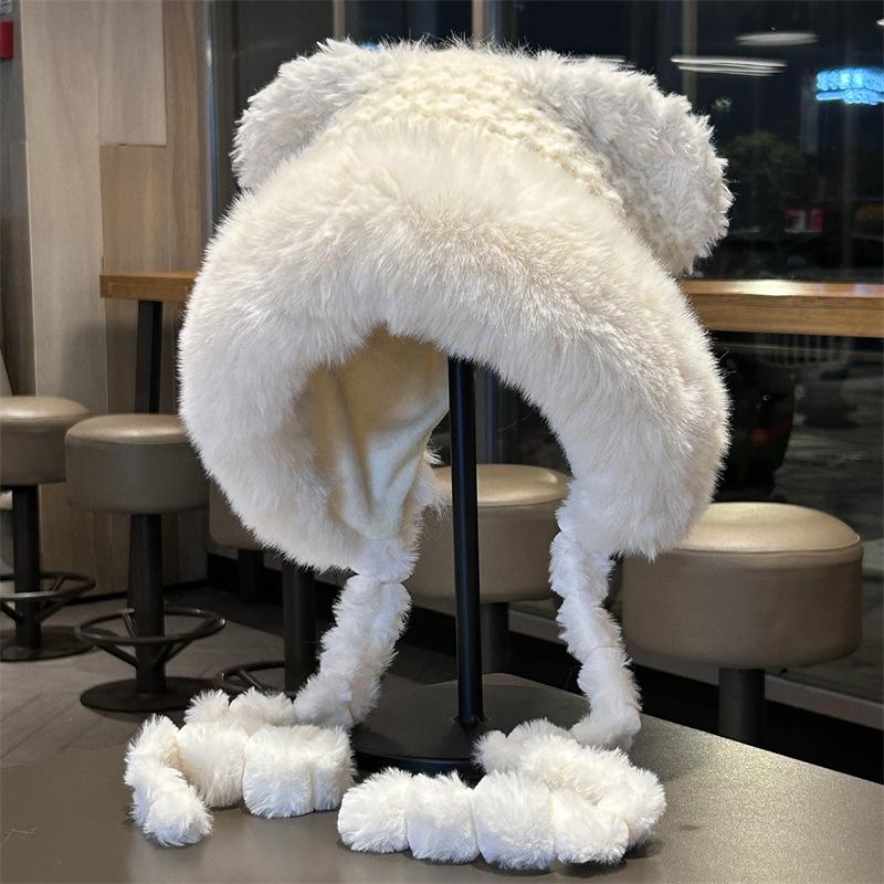 Winter warm ear protection cute plush hat women's plush thickened knitted wool hat imitation fur show face small Lei Feng hat