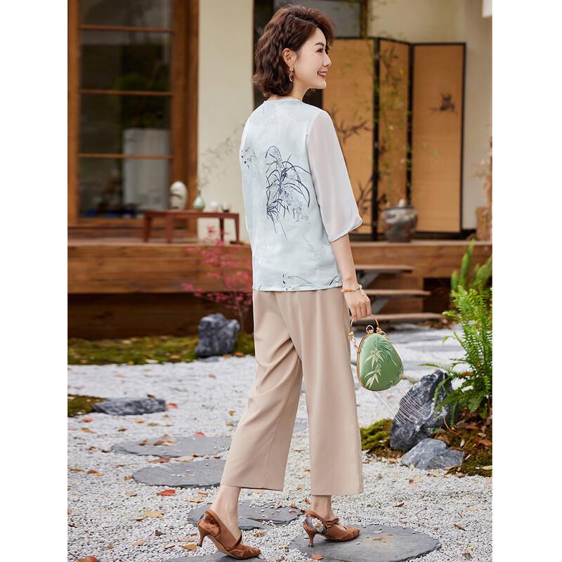 New Chinese Style Floral Chiffon T-shirt & Pants Set