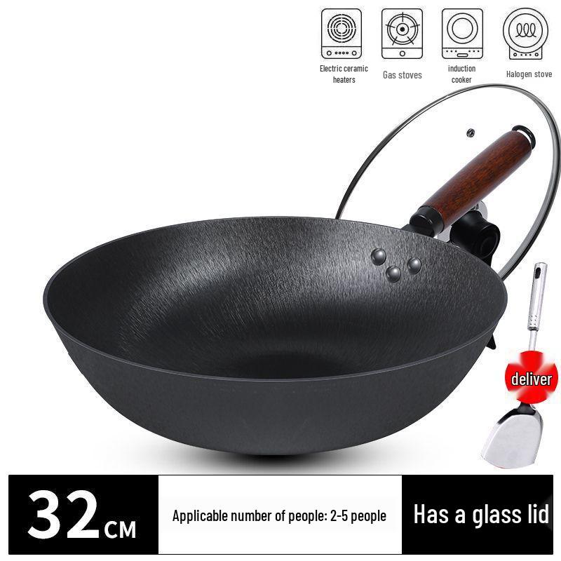 Traditioneller Gusseisen-Wok mit flachem Boden - Antihaftbeschichtet, keine Beschichtung, geeignet für Gas- und Induktionsherde.