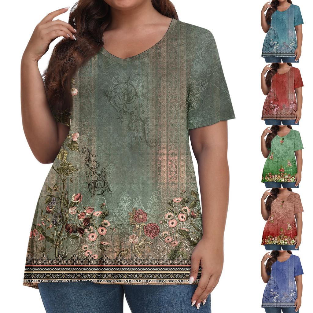 Womens Plus Size Tops Shorts Sleeve Shirts V Neck Casual Clothing Clothes Printed Tops