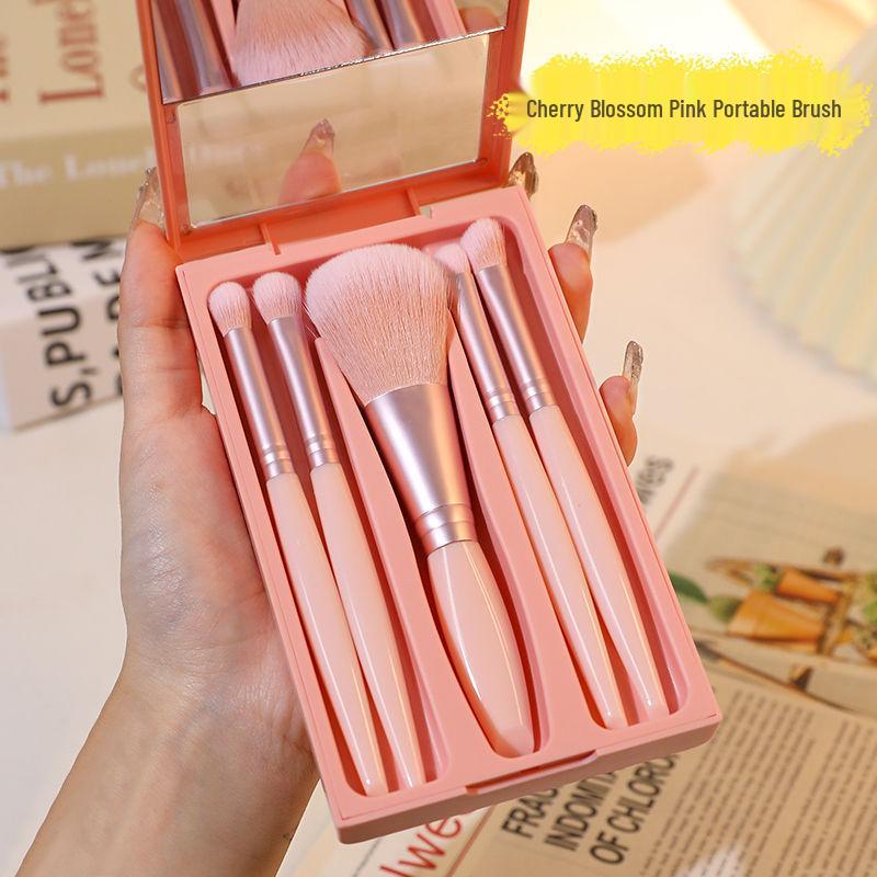 Portable Mirror Makeup Brush Set with Soft Bristles for Powder & Eye Shadow – Travel-Friendly & Affordable