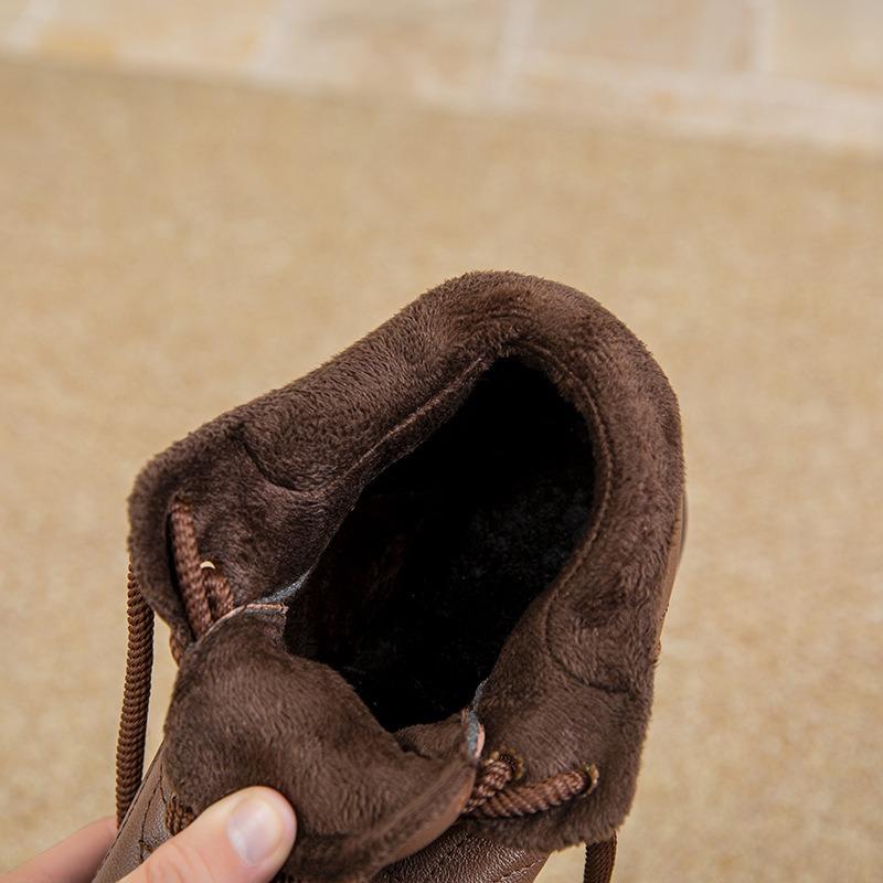 Winter Retro Round Head Flat Heel Beef Tendon Soft Sole Velvet Warm Medium and Old Lace-up Mother Cotton Shoes