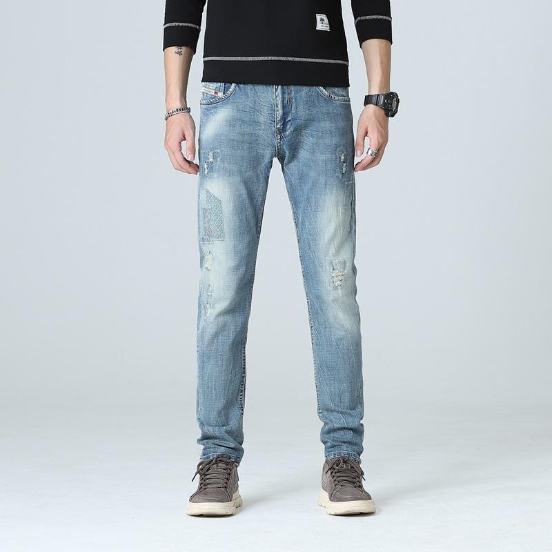 Worn Patch Men's Stretch Casual Jeans Men's Retro Pleated Slim Fitting Small Straight Leg Pants Men's