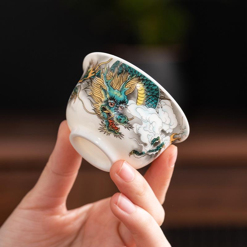 High-grade ceramic teacup Kung Fu cup owner Dragon Year limited hand-painted suet jade white porcelain single cup tea set accessories