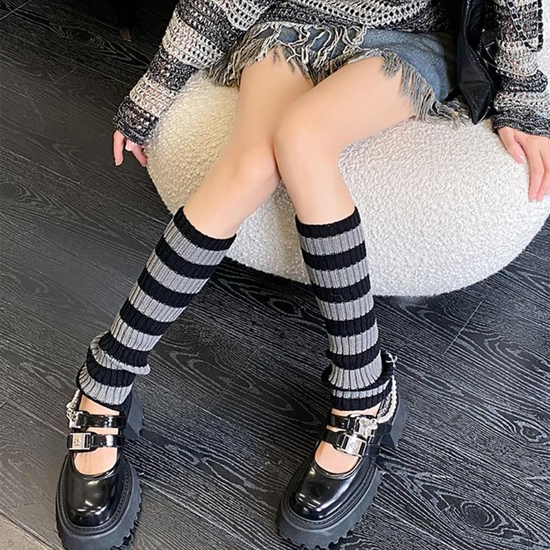 Contrast Color Striped Leg Warmers for Women Girls Ribbed Knitted Boot Covers Over Calf Socks for Dance Parties Hosiery