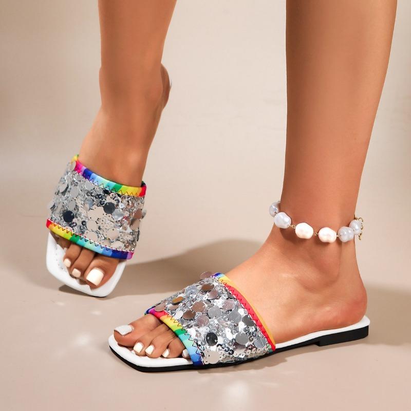 Women's Flat Sequined Sandals New Summer Square Toe Plus Size Slipper