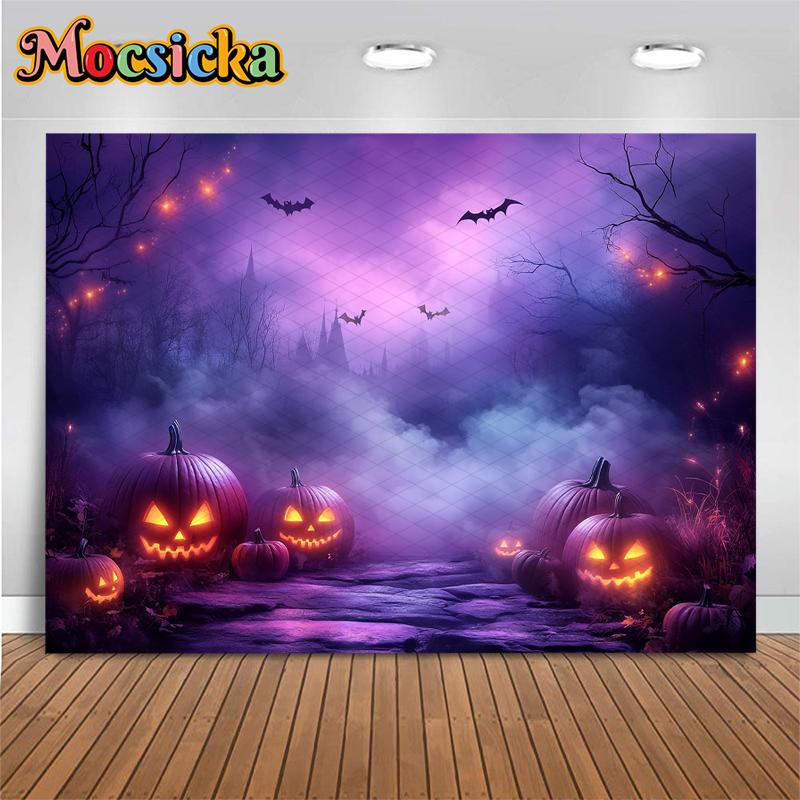 Mocsicka Halloween Backdrop Photography Purple Pumpkin Party Children Photo Backgrounds Dark Forest Lamps Bat Decorations Banner