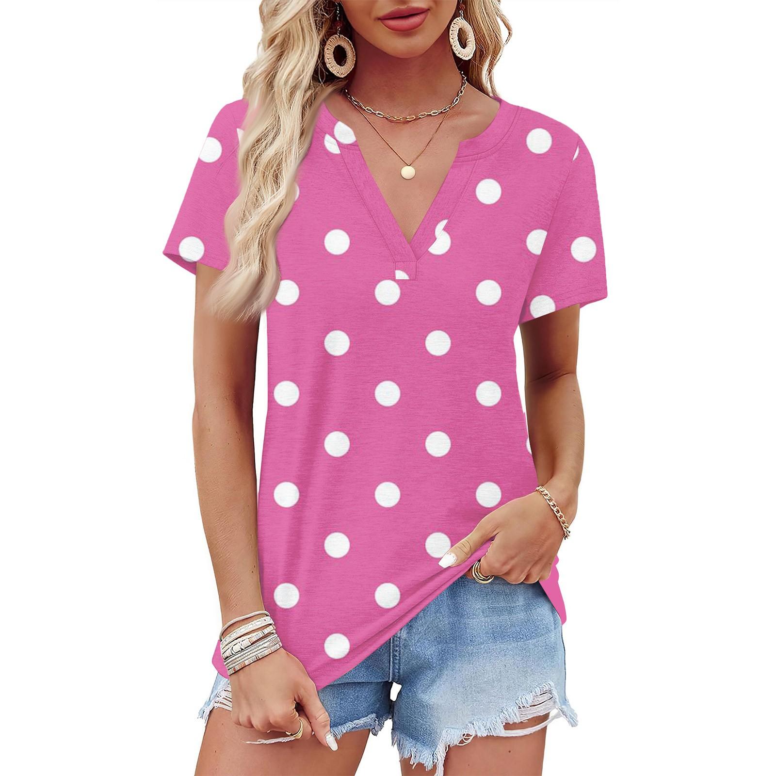 

Женская летняя рубашка в горошек с коротким рукавом и V-образным вырезом, деловая повседневная свободная футболка, трендовая модная одежда, топы XL розовый