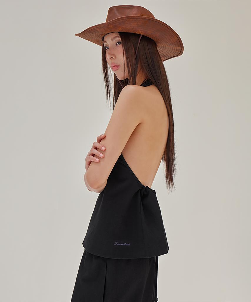 Leondeondada Linen-Like Halter Shirring Top, Black