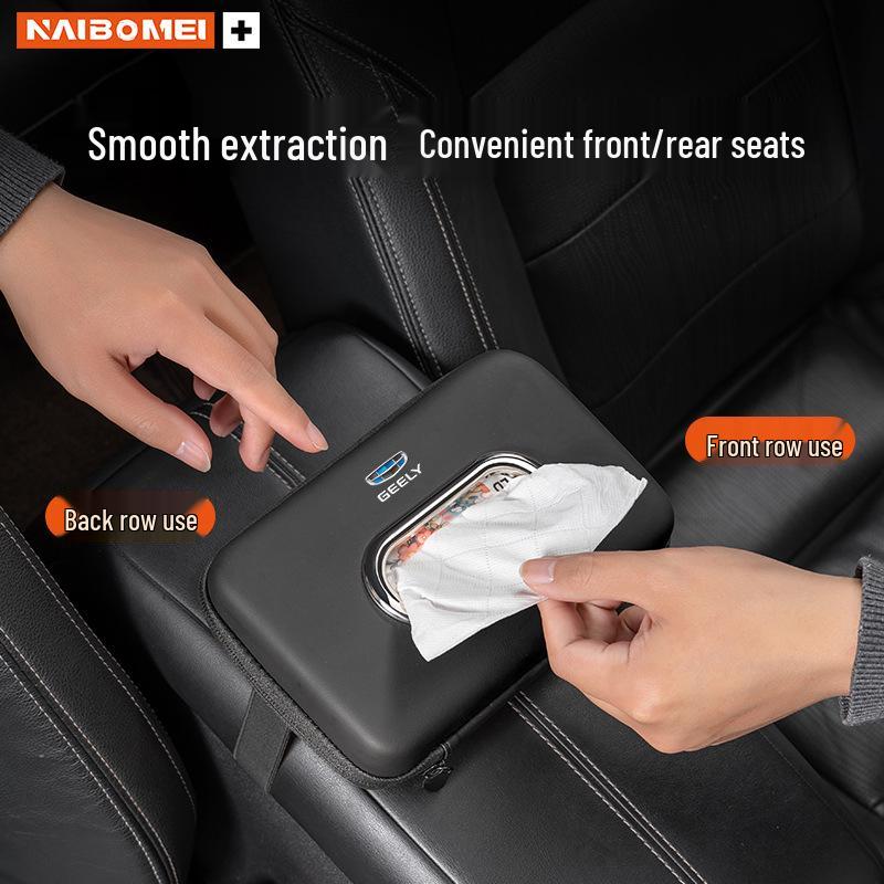 This hanging armrest tissue pack fits Geely models: Xingyue, Binyue, Emgrand, Borui, and Geometry ICON.