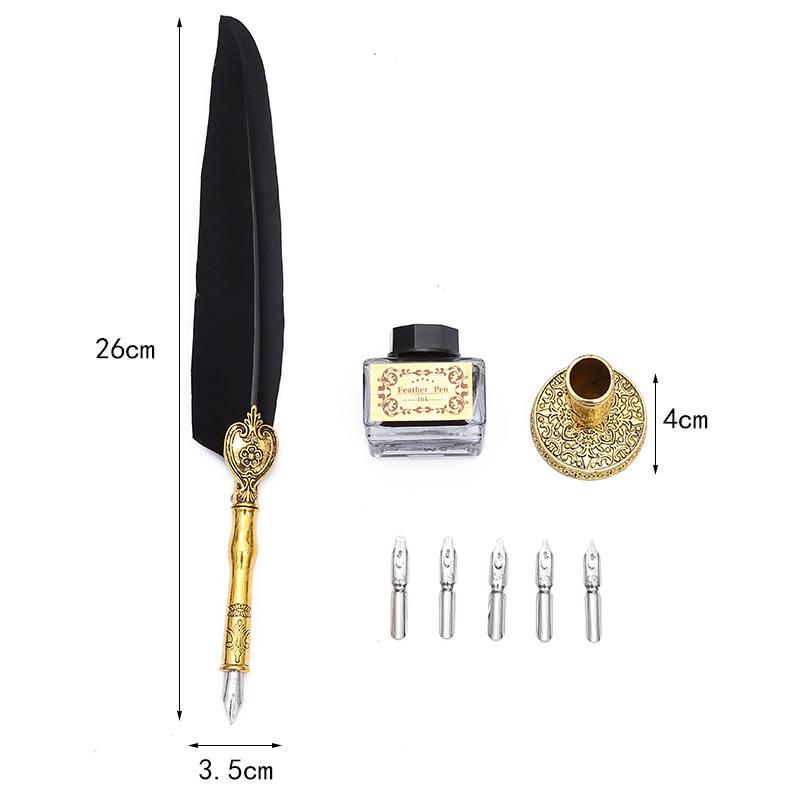 Feather Quill Pen Set   European Vintage Dip Pen with Ink, Gold Sprinkled Fountain Pen Gift Box