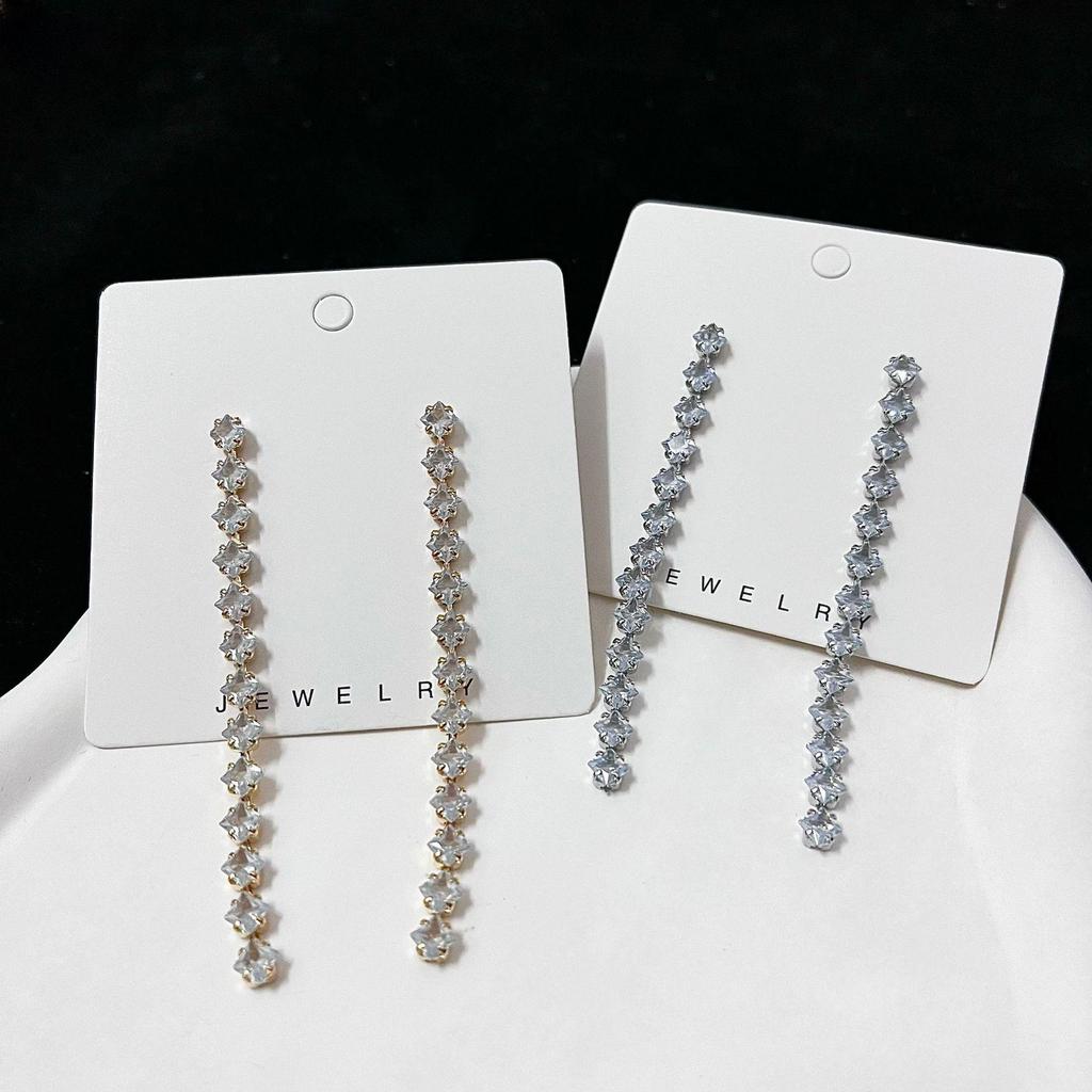 Exaggerated Diamond Tassel Earrings: Geometric Long Design with Silver Needle for Women