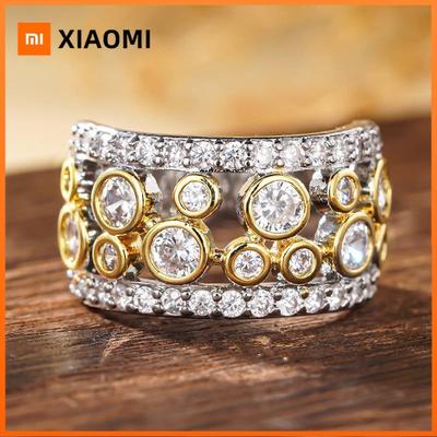 Huitan Women Ring Hollow Design Fashion Luxury Party Two Tone Accessories Wedding Charming Noble Jewelry Inlaid Sparkling CZ