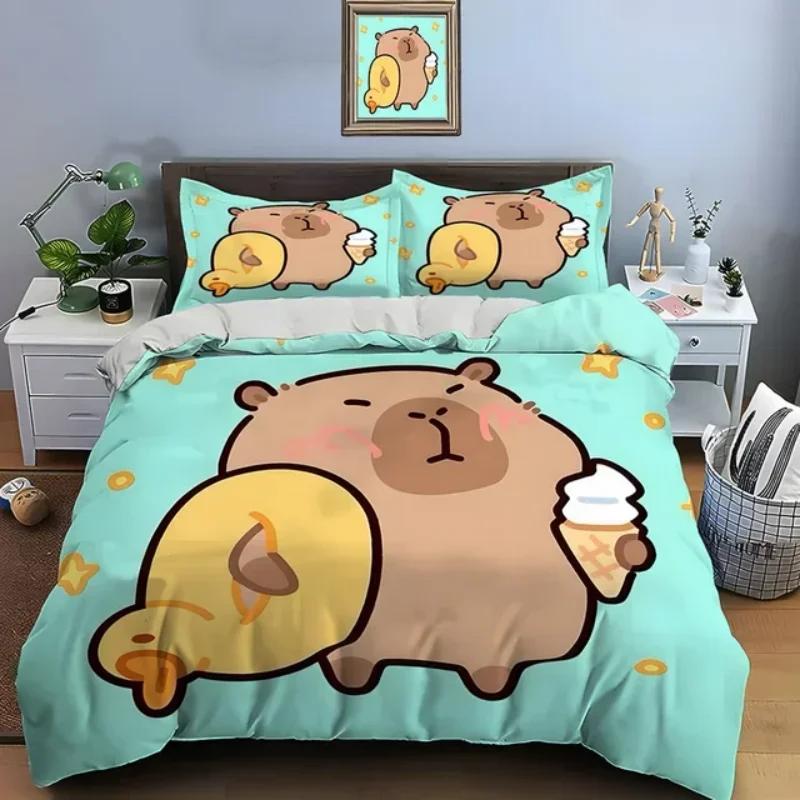 Schattig Cartoon Capybara Print Beddengoed Set Dekbedovertrek 1 Dekbedovertrek 2 Kussenslopen Beddengoed Set voor Volwassenen en Jongens Kerstcadeaus